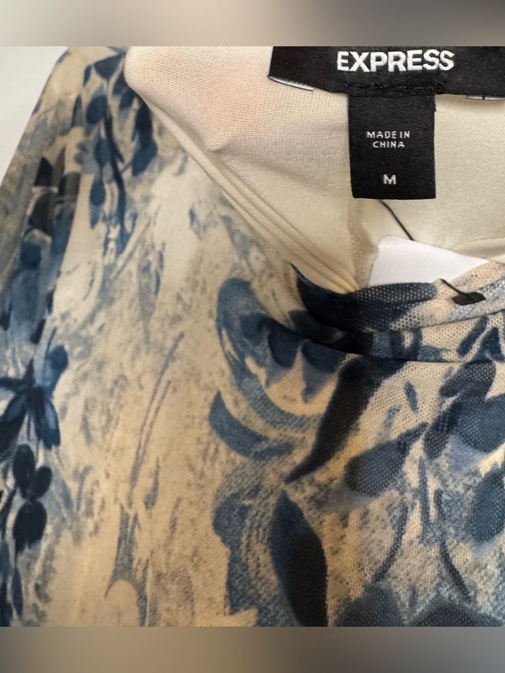 Express Cream Maxi Dress with Blue Floral Print long sleeve fitted stretch MD - Picture 2 of 4
